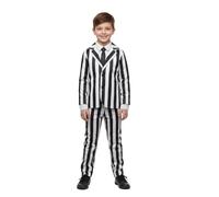 Costume di Halloween a righe per bambini, taglia XL, con vestito a righe bianche e nere e davanti a camicia, cravatta nera, costume per Halloween, film TV per bambini