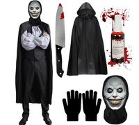 Costume di Halloween, Cosplay con faccia da fantasma spaventoso e urlo, Costume da fantasma horror per adulti, Maschera da demone sorridente + Coltello giocattolo + Mantello nero