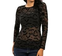 Costume di Halloween Cosplay da donna 2022 Halloween Faux Twinset Pipistrello Mesh Manica Lunga Casual Top Trasparente Maglia Crop Sheer Slim Shirt T Lingerie Biancheria da notte, Nero , XXL