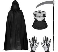 Costume di Halloween,Costume da Falciatore,Mantello in Velluto con Cappuccio 150 cm,Mantello Nero con Cappuccio,Maschera da Cranio,Guanti Fantasmi, Sensazione Reaper,Costume da Halloween Scuro,4 Set