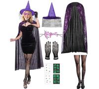 Costume di Halloween da donna, accessorio per Halloween, cappello da strega e guanti con ragnatela, maschera da strega, scopa a ragno, calze a rete, tatuaggi, costume da strega da donna per carnevale