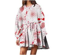 Costume di Halloween da donna con stampa di macchie di sangue, a maniche lunghe, con motivo macchie di sangue nella borsa (senza cappello), abito da donna elegante per matrimonio, bianco, L