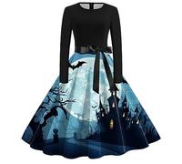 Costume di Halloween da donna, scollo rotondo, maniche lunghe, stampa retrò | Scollo rotondo, maniche lunghe, stampa retrò, misto seta latte, lunghezza al ginocchio, taglie dalla S alla XXL