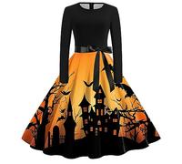 Costume di Halloween da donna, scollo rotondo, maniche lunghe, stampa retrò | Scollo rotondo, maniche lunghe, stampa retrò, misto seta latte, lunghezza al ginocchio, taglie dalla S alla XXL