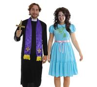 Costume di Halloween da esorcista e ragazza posseduta, vestaglia sacerdote, sciarpa, cappello nero e parrucca marrone, vestito, pittura per il viso e sangue finto