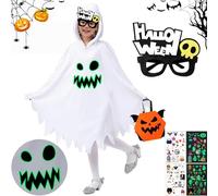 Costume di Halloween da Fantasma Bianco per Bambini, Costume di Halloween per Bambini con Sacchetto di Zucca, Luminoso Costume Gioco di Cosplay Carnevale Mostro, Costume da Fantasma per Bambini (XS)