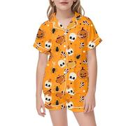 Costume di Halloween da ragazza, set da 2 pezzi, a maniche corte, stampato, abbigliamento da gioco casual, comoda vita elastica, abbigliamento per bambini da 2 a 13, Colore: arancione., 10-11 anni