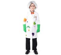 Costume di Halloween da scienziato pazzo per bambini, con parrucca, cornici, papillon, 5 pezzi, cappotto da laboratorio per bambini, vestito per Halloween (bianco, 10-12 anni)