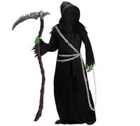 Costume di Halloween da uomo - Set di 6 costumi da spaventoso Mietitore della morte per adulti con maschera, falce (123 cm) e catena metallica, costumi horror da fantasma,carnevale e cosplay, L