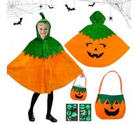 Costume di Halloween per Bambini, Zucca Mantello Halloween Bambini, Zucca Costume Strega Includere Borsa di Zucca e Adesivi, Mantello Pipistrello Halloween per Bambini Ragazzi Ragazze Costume Cosplay