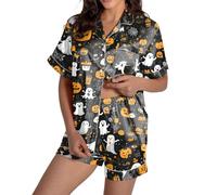 Costume di Halloween, pigiama da donna, set di pantaloncini da donna, con stampa di Halloween, casual, 2 pezzi, per tutti i giorni, alla moda comoda per tutte le quattro stagioni, Nero , L