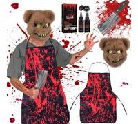 Costume di Halloween spaventoso maschera di orso finto sangue kit trucco Halloween peluche maschera sanguinante, mannaia, grembiule, sangue gocciolante, set spray giochi di ruolo festa vestire