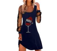 Costume di Natale 2026 Abito da tè classico da donna, a maniche lunghe, con scollo a V, abito da cocktail swing, Blu, L