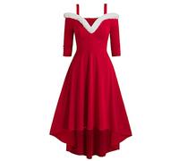 Costume di Natale da Donna in Velluto A Maniche Lunghe con Scollo A V - Vestito Rosso Elegante da Babbo Natale - Abito da Festa e da Sera