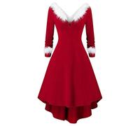 Costume di Natale da Donna in Velluto A Maniche Lunghe con Scollo A V - Vestito Rosso Elegante da Babbo Natale - Abito da Festa e da Sera
