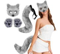 Costume di volpe Halloween Maschera Therian, coda e zampe pelose maschera peluche guanti soffici guanti e code costumi cosplay per le donne che si vestono per la festa grigio scuro therian coda