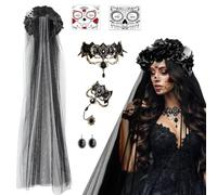 Costume Dia De Los Muertos da Donna - Halloween Cerchietto con Velo, Fiori Artificiali, Rose, Guanti di Pizzo Nero, Tatuaggi per il Viso - Giorno dei Morti