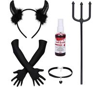 Costume Diavoletta Donna,5 Pezzi Cerchietto Corna Diavolo,Guanti,Tridente Forcone,Spray Sangue Finto,Collana Gotica,set Accessori Diavolo Ragazza,Devil Costume Halloween e Carnevale Cosplay(Nero)