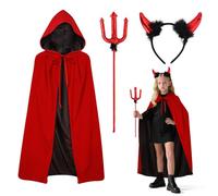 Costume Diavolo Bambina Set di Carnevale,90/120 cm Mantello Double Face & Corna da Diavolo & Bastone,Mantello Rosso e Nero Costume Diavoletta per Carnevale Costumi Accessori Diavoletta Festa Cosplay
