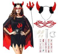 Costume Diavolo Donna, Costume da Diavolo Mantello, Vampiro Mantello Nero Rosso Reversibile con Corna Diavolo, Forcella da Diavolo, Denti Vampiro, Accessori Ddiavolo Donna per Carnevale Halloween