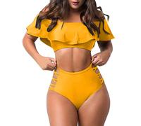 Costume Donna Due Pezzi Fascia Imbottito con Volant Bikini Donna Mare Fascia Tinta Unita Costumi da Bagno Due Pezzi Vita Alta Spalle Scoperte Sexy Costume Push Up Brasiliana Curvy (Yellow, L)