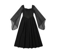Costume Donna Halloween, Abito da Strega oscura per Cosplay, Nero, con Scollo Quadrato Maniche Lunghe, con Cappello da Strega in Rete Forma di Rosa per