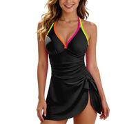Costume Donna Intero Costume da Bagno Intero Nero Modello Classico con Gonna E Schiena Scoperta Ideale per La Spiaggia (Black XL)