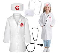 Costume Dottore Bambino,4 Pacchetti Bambini Kit Dottore Cappotto Bianco di Laboratorio con Cappello Stetoscopio Titolare Della Carta di Lavoro Accessori Medico Set di Gioco per Ragazzi Ragazze Età 5-9