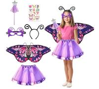 Costume Farfalla Bambina, Vestito Carnevale Bambina Viola Gonna Tulle con Ali di Farfalla Cerchietto Maschera Bacchetta Fata Tatuaggi Vestito Farfalla Bambina per Carnevale Festa Tema Cosplay