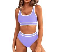 Costume Fascia Donna Due Pezzi Costume Due Pezzi Costumi da Bagno da Donna A Vita Alta con Colori A Contrasto Costumi Bagno con Doppia Spalla per Tankini Taglie Forti (Purple L)