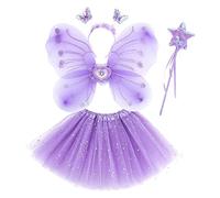 Costume Fatina Bambina 4 Pezzi Costume Farfalla Fatina Vestito Principessa Farfalla con Ali Bacchetta Tutù Cintura Bambina Principessa Vestiti per Carnevale, Feste di Compleanno, Giochi di Ruolo