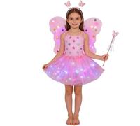 Costume Fatina Bambina 4 Pezzi Costume Farfalla Fatina Vestito Principessa Farfalla con Ali Bacchetta Tutù Cintura Bambina Principessa Vestiti per Carnevale, Feste di Compleanno, Giochi di Ruolo