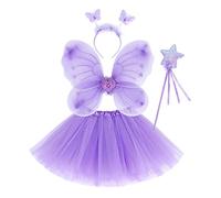 Costume Fatina Bambina 4 Pezzi Costume Farfalla Fatina Vestito Principessa Farfalla con Ali Bacchetta Tutù Cintura Bambina Principessa Vestiti per Carnevale, Feste di Compleanno, Giochi di Ruolo