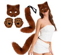 Costume Fox Halloween Maschera Therian, coda e zampe pelose maschera peluche soffici guanti e code costumi cosplay per le donne che si vestono per la festa marrone rosso marrone