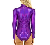Costume glitterato da donna, in pelle lucida, collo alto, a maniche lunghe, per balletto, ginnastica, danza, body con pantaloncini, tuta da rave, party, club, costume da balletto
