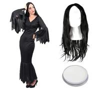 Costume gotico da donna per Halloween, con abito lungo nero con orli dentellati, parrucca con capelli neri lunghi e vernice per il viso bianca, ideale per televisione, film e Halloween, M