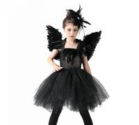 Costume Halloween Bambina Cigno Nero, Vestito da Piccolo Diavolo con Ali e Piume, Costume da Streg Abito Strega in Tulle per Danza e Spettacoli, Travestimento Carnevale per Festa, Cosplay e Recite
