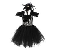 Costume Halloween Bambina Cigno Nero, Vestito da Piccolo Diavolo con Ali e Piume, Costume da Streg Abito Strega in Tulle per Danza e Spettacoli, Travestimento Carnevale per Festa, Cosplay e Recite