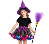 Costume Halloween Bambina Gonna Tutu Per Travestimento Strega, Set Con Cappello a Punta Viola E Bacchetta Magica Ampio Riprese Fotografiche Vestiti Strati Carnevale Completo