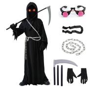 Costume Halloween Bambino Morte, Grim Reaper Costume, Completo di Occhiali Luminosi + Falce Della Morte + Catena + Guanti, Adatto a Bambini dai 5 ai 14 anni.