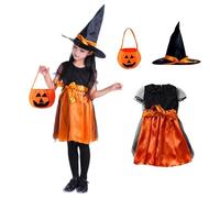 Costume Halloween Bambino, Vestito Strega Bambina con Cappello da Strega e Borsa da Collezione, Costume Strega Bambina per Halloween Abbigliamento Carnevale Mascherato Gioco di Ruolo Cosplay (100)