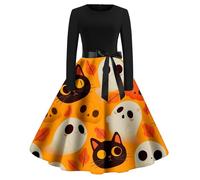 Costume Halloween Donna, Vestito Donna Halloween In Cotone | Elegante abito casual da donna per feste autunnali, abito alla moda di Halloween, elegante abito a trapezio con stampa