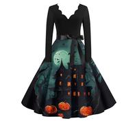 Costume Halloween Spettacolare Elegante Stampato Maniche Lunghe Distintivo | Medievale Raffinato Dinamico Vampira Vampire Curvy Strega Lacci in Vita Vampiresco Vestito Halloween Donna