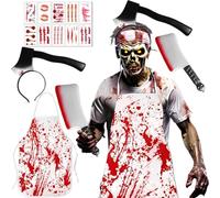 Costume Halloween Uomo, Costume da Macellaio per Halloween con Grembiule Insanguinato,Coltello Insanguinato Nella Testa e 10 Tatuaggi Da Zombie, Costume di Halloween Horror per Carnevale, Cosplay