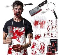 Costume Halloween Uomo Donna Horror - Macellaio Costumi Halloween Vestito Adulto con 10ml Sangue Finto, 10 Tatuaggi, Coltello Halloween, Cerchietto Coltello e Guanti, Vestiti Halloween Carnevale