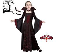 Costume Halloween Vampira Bambina,Vestito Da Vampiro Bambina con Collana,Travestimento da Vampiro,Costume da Vampiro Gotico per Halloween,Costume Vampirina Bambino per Carnevale Vampire Cosplay (1.4m)