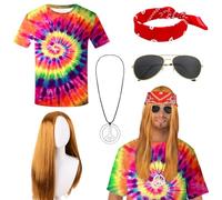 Costume Hippie Accessori Anni 70, Parrucca Accessori Segno di Pace Collana, Bracciale Fascia Occhiali da Sole, Retrò Accessori Hippie per Festival della Musica Halloween Festa Rock 'n' Roll Carnevale