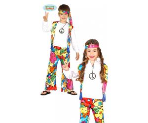 Costume Hippie Bimbo/Bimba 5/6 Anni Figlio Dei Fiori Anni '70 Travestimento Car