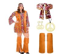 Costume hippie da donna, abito da donna, stile hippie, anno 70, abito hippie da donna con accessori, costume degli anni '70 e '60, da discoteca da donna per carnevale Halloween mascherata (XXL)