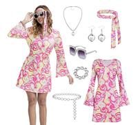 Costume hippie da donna anni '60 e '70, 7 pezzi, outfit per feste in discoteca, con abito svasato, collana con segno della pace, orecchini, fascia, occhiali da sole, bracciale e catena in vita (rosa